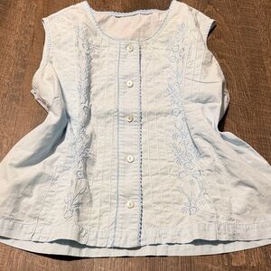 Vintage Baby Blue Embroidered Cottagecore Button Front Peplum Top Large